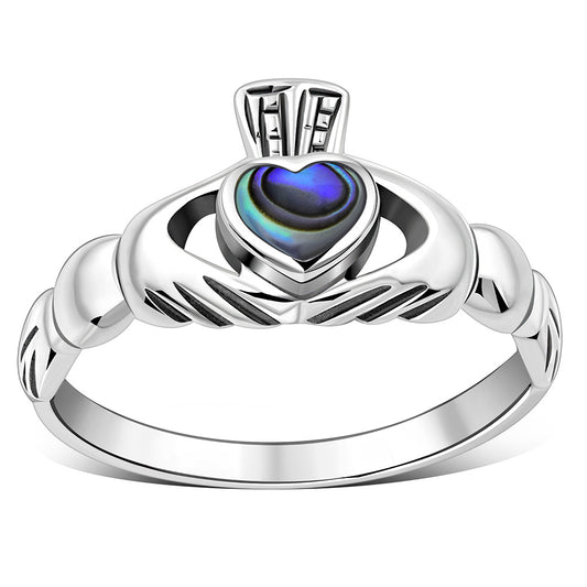 Abalone Shell Irish Claddagh Silver Ring
