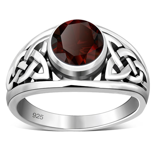 Garnet Stone Celtic Knot Silver Ring