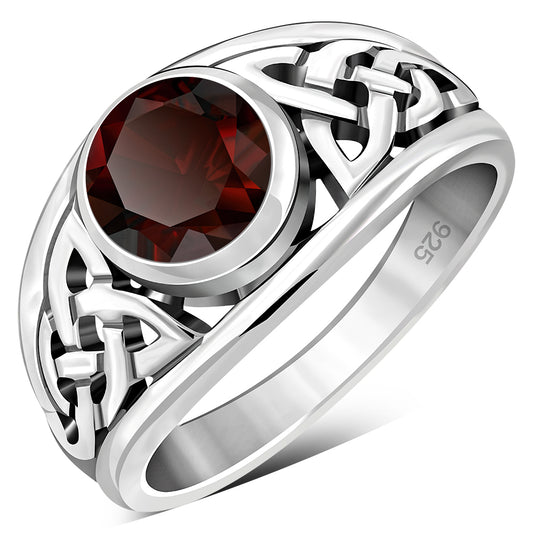 Garnet Stone Celtic Knot Silver Ring