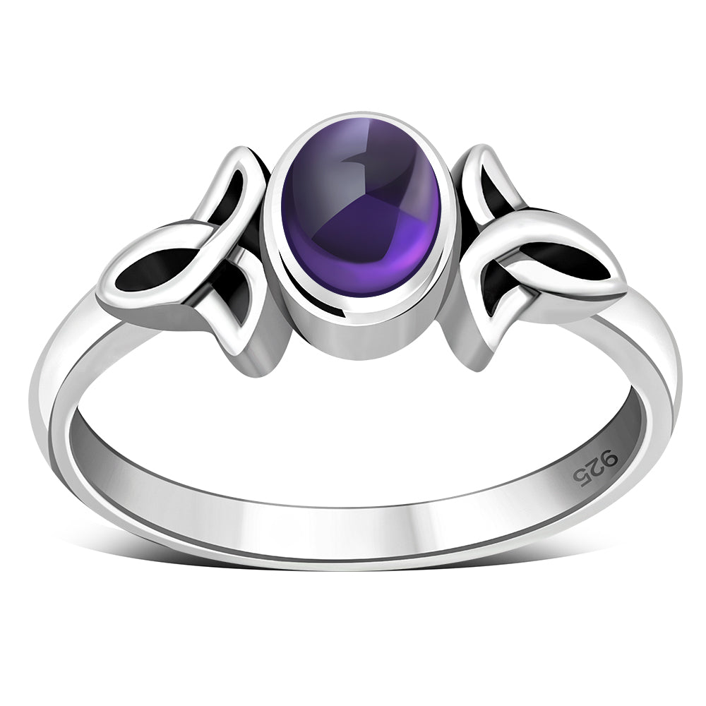 Thin Solid Silver Celtic Ring set w/ Amethyst Stone