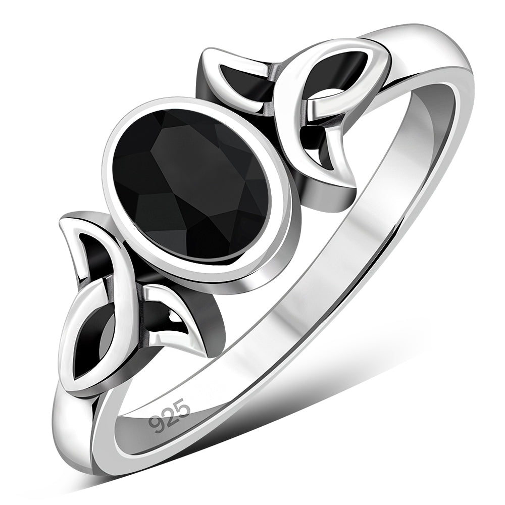 Thin Celtic Faceted Black Onyx Stone Silver Ring