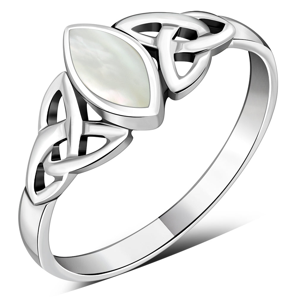 Mother of Pearl Shell Celtic Trinity Knot Silver Ring