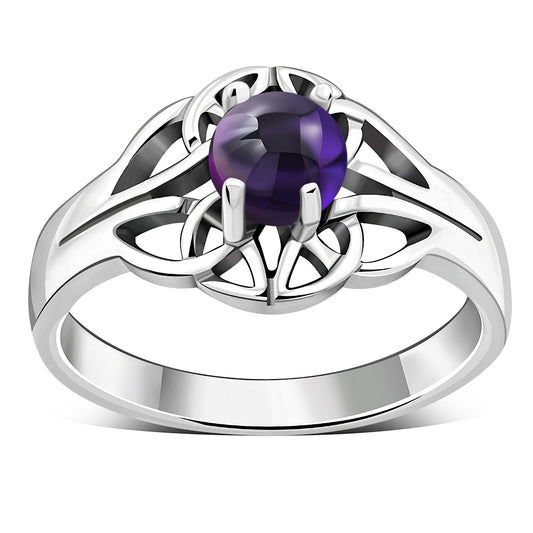 Amethyst Stone Solitaire Celtic Knot Silver Ring