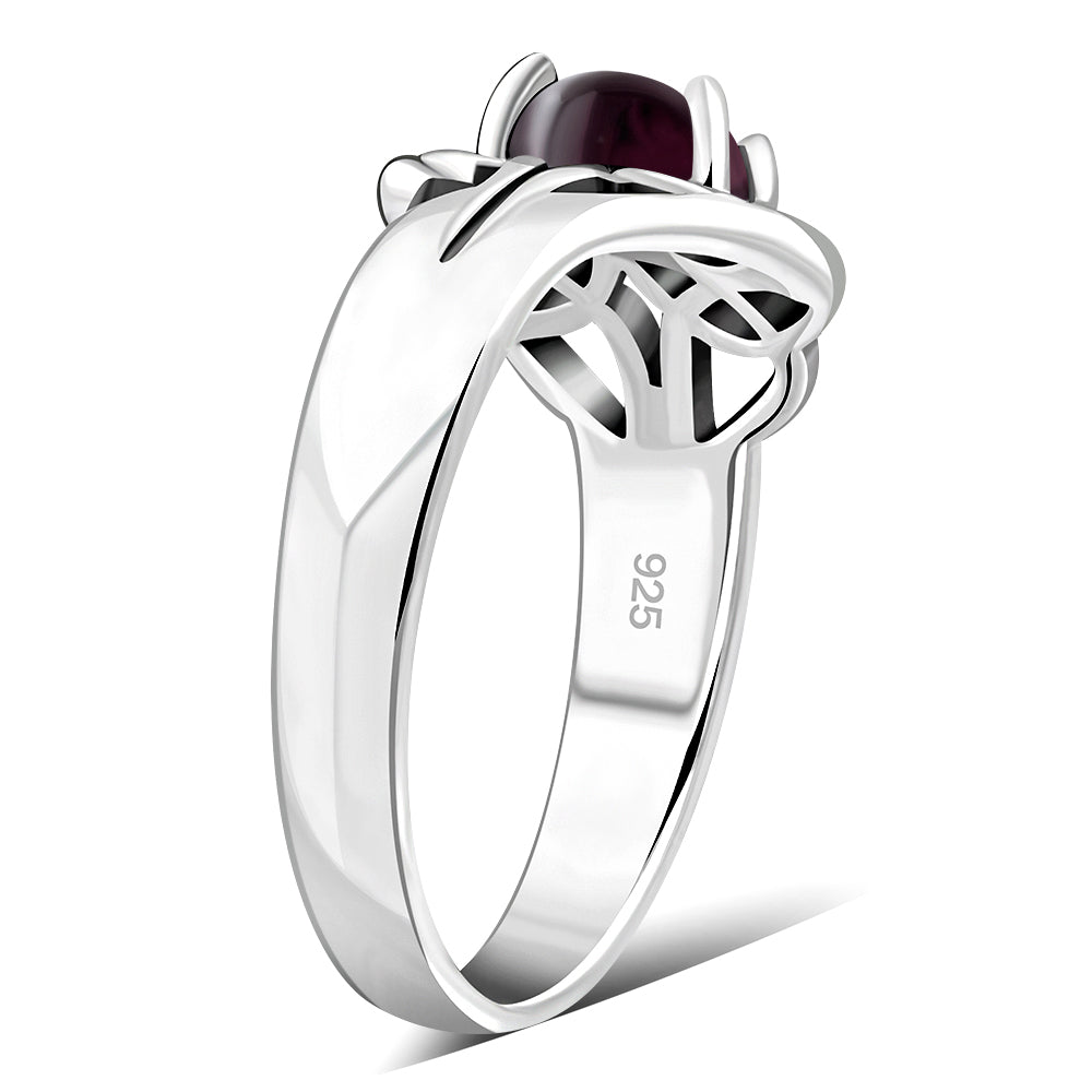 Garnet Stone Solitaire Celtic Knot Silver Ring