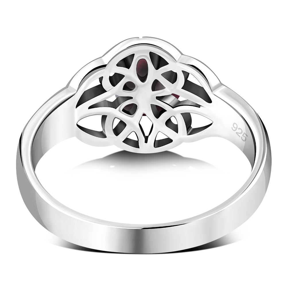 Garnet Stone Solitaire Celtic Knot Silver Ring