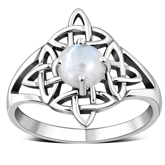 Rainbow Moonstone Celtic Knot Silver Ring