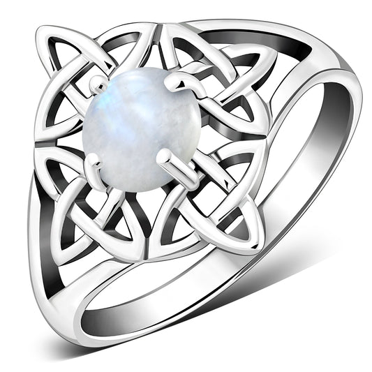 Rainbow Moonstone Celtic Knot Silver Ring