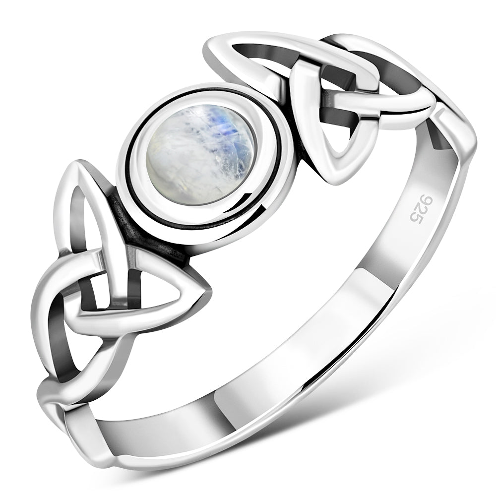 Trinity Knot Rainbow Moonstone Silver Ring