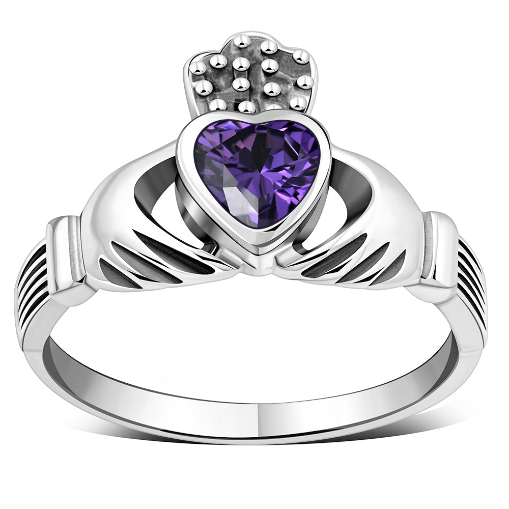 Irish Claddagh Sterling Silver Ring set w/ Amethyst CZ