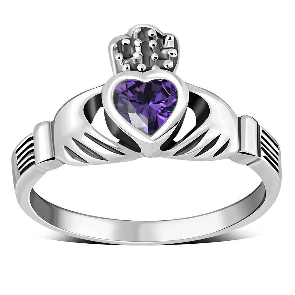 Irish Claddagh Sterling Silver Ring set w/ Amethyst CZ