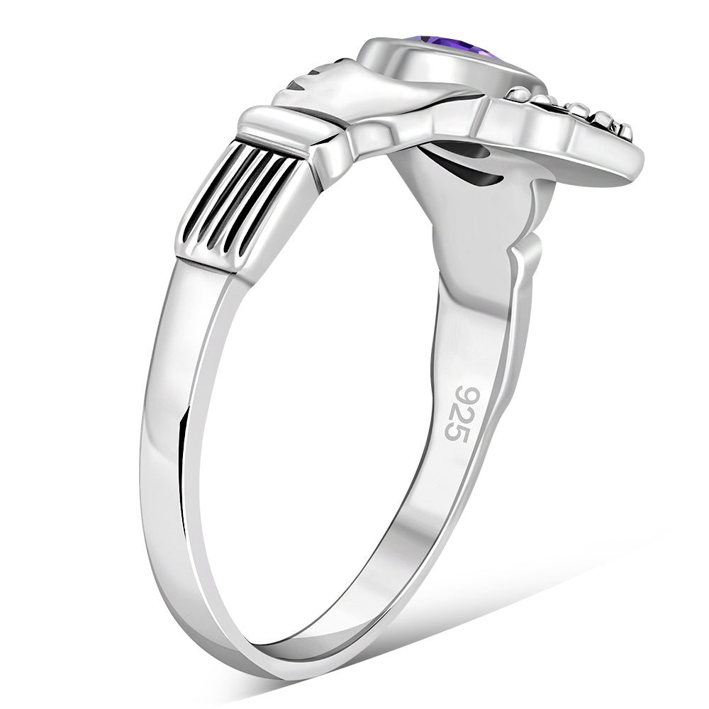Irish Claddagh Sterling Silver Ring set w/ Amethyst CZ