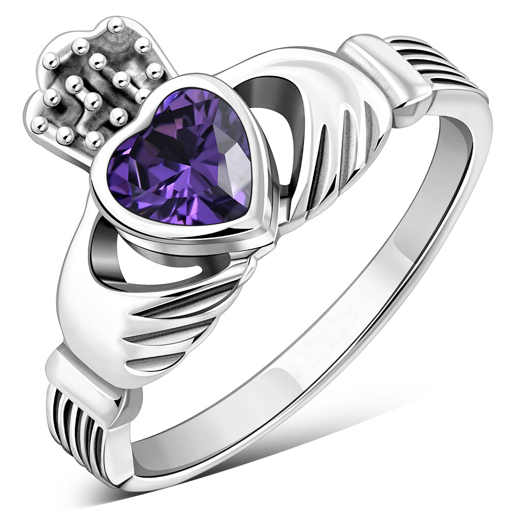 Irish Claddagh Sterling Silver Ring set w/ Amethyst CZ