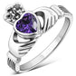 Irish Claddagh Sterling Silver Ring set w/ Amethyst CZ
