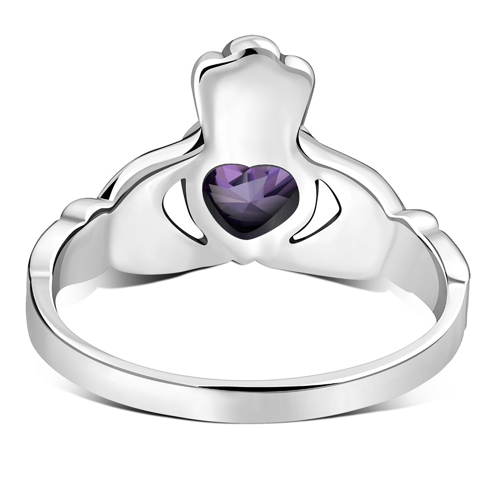 Irish Claddagh Sterling Silver Ring set w/ Amethyst CZ