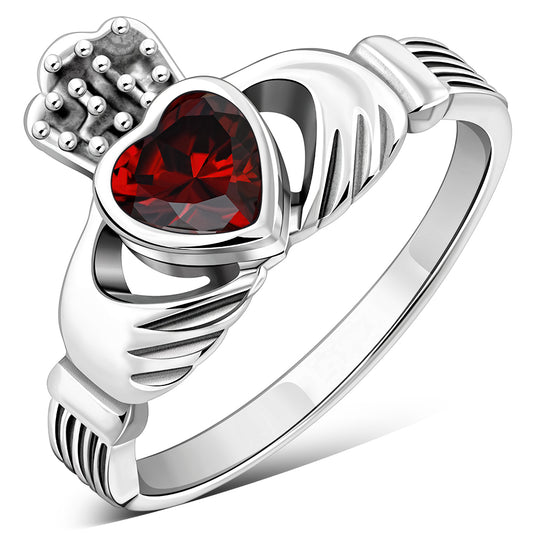 Irish Claddagh Sterling Silver Ring set w/ Garnet CZ