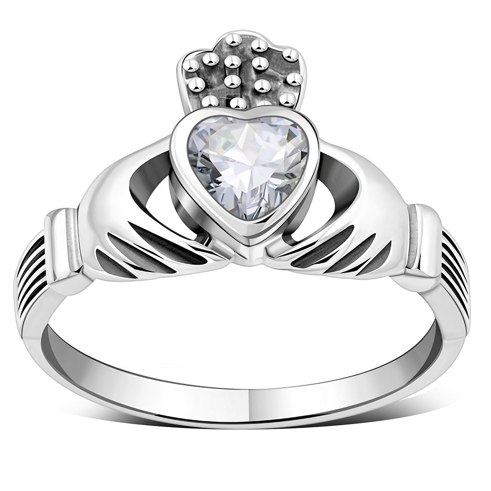 Irish Claddagh Sterling Silver Ring set w/ Clear CZ