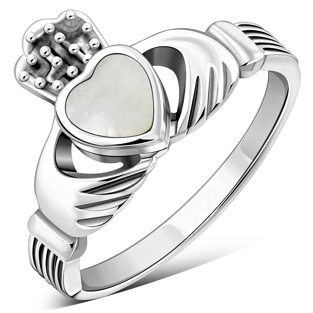 Irish Claddagh Sterling Silver Ring w/ Mother of Pearl