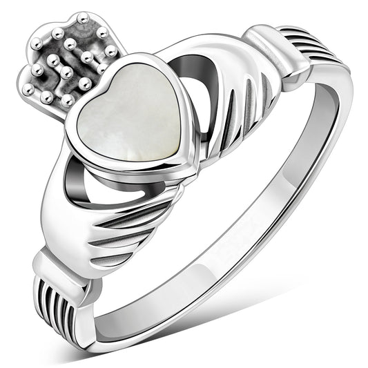 Irish Claddagh Sterling Silver Ring w/ Mother of Pearl