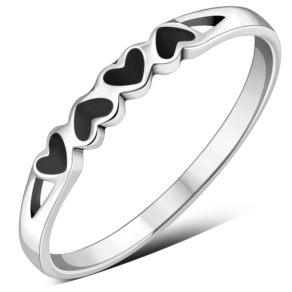 Hearts Black Onyx Silver Band Ring