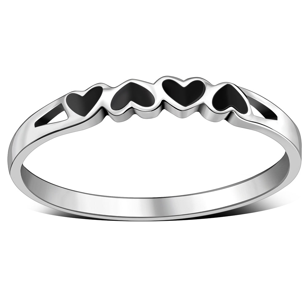 Hearts Black Onyx Silver Band Ring