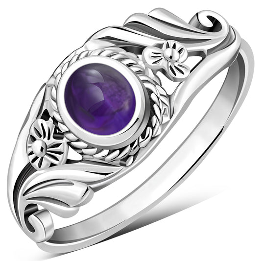 Flower Amethyst Stone Sterling Silver Ring