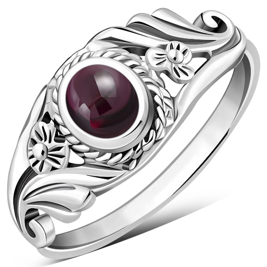Flower Garnet Sterling Silver Stone Ring