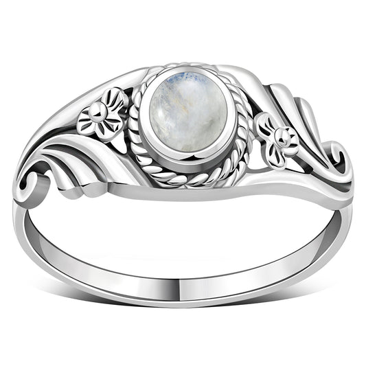 Flower Design Rainbow Moonstone Silver Ring