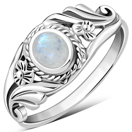 Flower Design Rainbow Moonstone Silver Ring