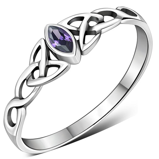 Celtic Thin Trinity Knot Silver Ring set w/ Amethyst Stone