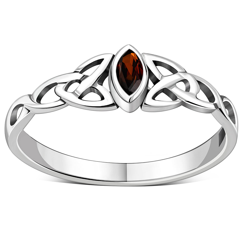 Celtic Thin Trinity Knot Silver Ring set w/ Garnet Stone