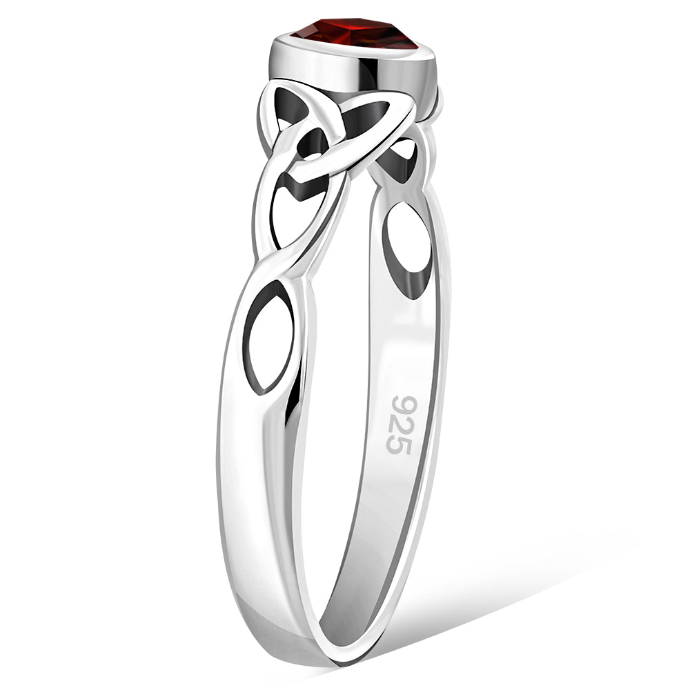 Celtic Thin Trinity Knot Silver Ring set w/ Garnet Stone