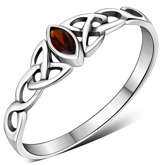 Celtic Thin Trinity Knot Silver Ring set w/ Garnet Stone