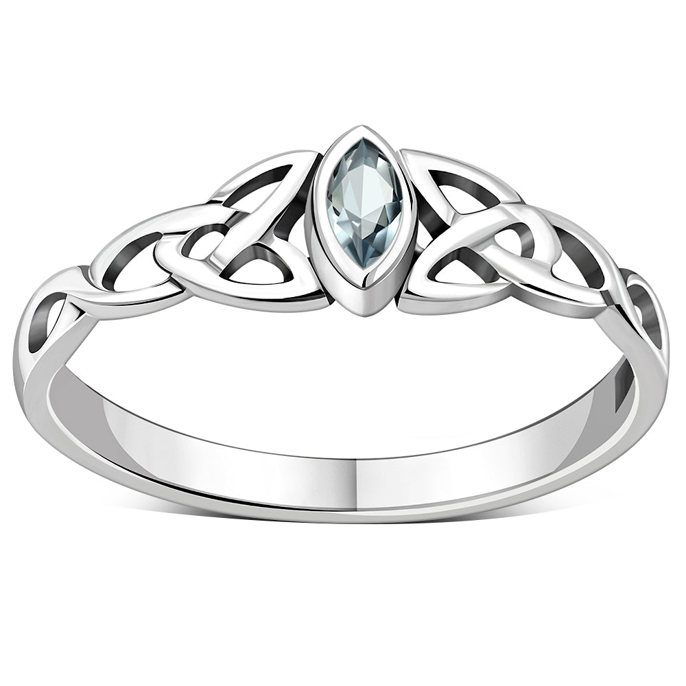 Thin Celtic Knot Silver Ring, set w/ Blue Topaz CZ