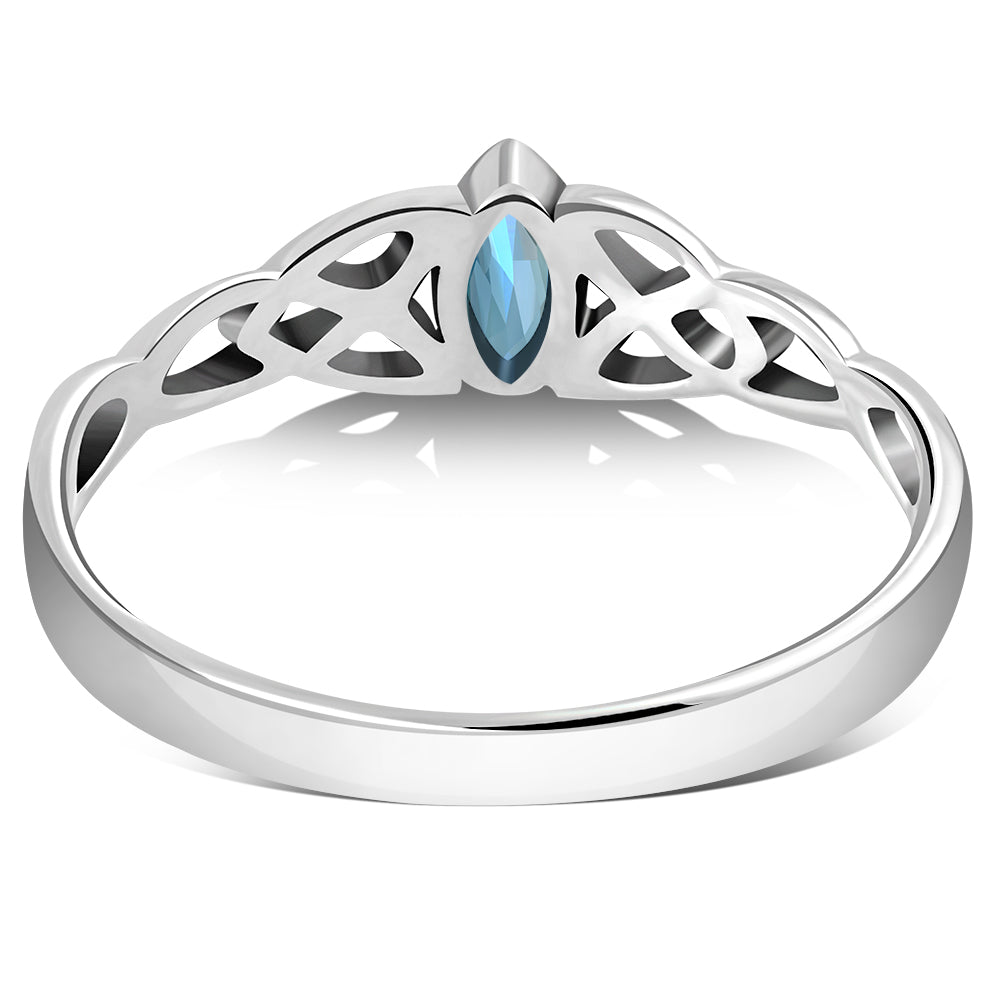 Thin Celtic Knot Silver Ring, set w/ Blue Topaz CZ