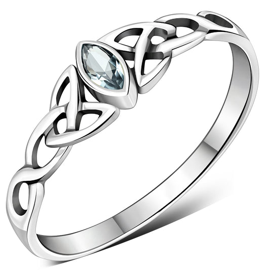 Thin Celtic Knot Silver Ring, set w/ Blue Topaz CZ