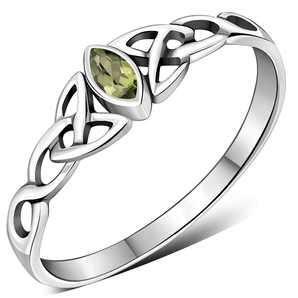 Celtic Thin Trinity Knot Silver Ring set w/ Peridot Stone