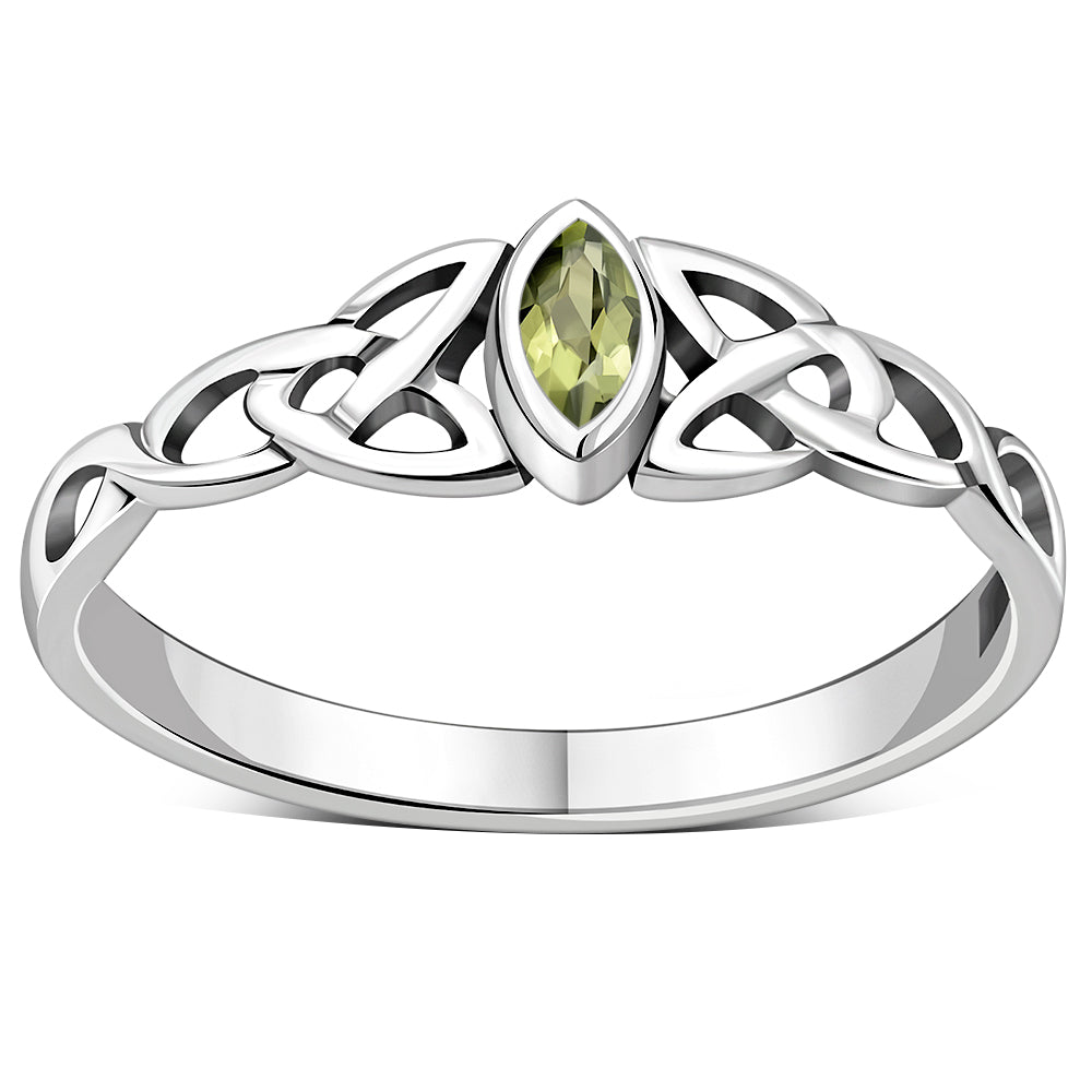 Celtic Thin Trinity Knot Silver Ring set w/ Peridot Stone