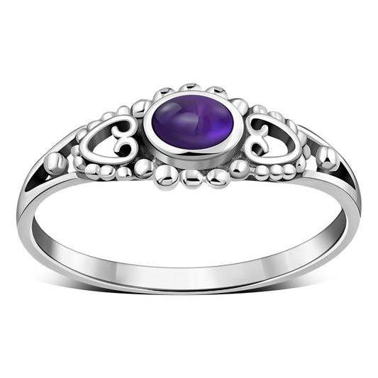 Thin Heart Amethyst Stone Silver Ring