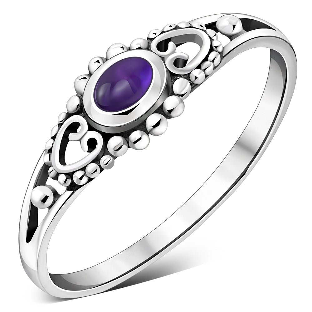 Thin Heart Amethyst Stone Silver Ring