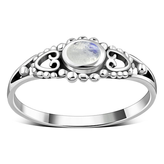 Thin Heart Rainbow Moonstone Sterling Silver Ring