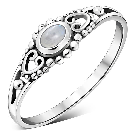 Thin Heart Rainbow Moonstone Sterling Silver Ring