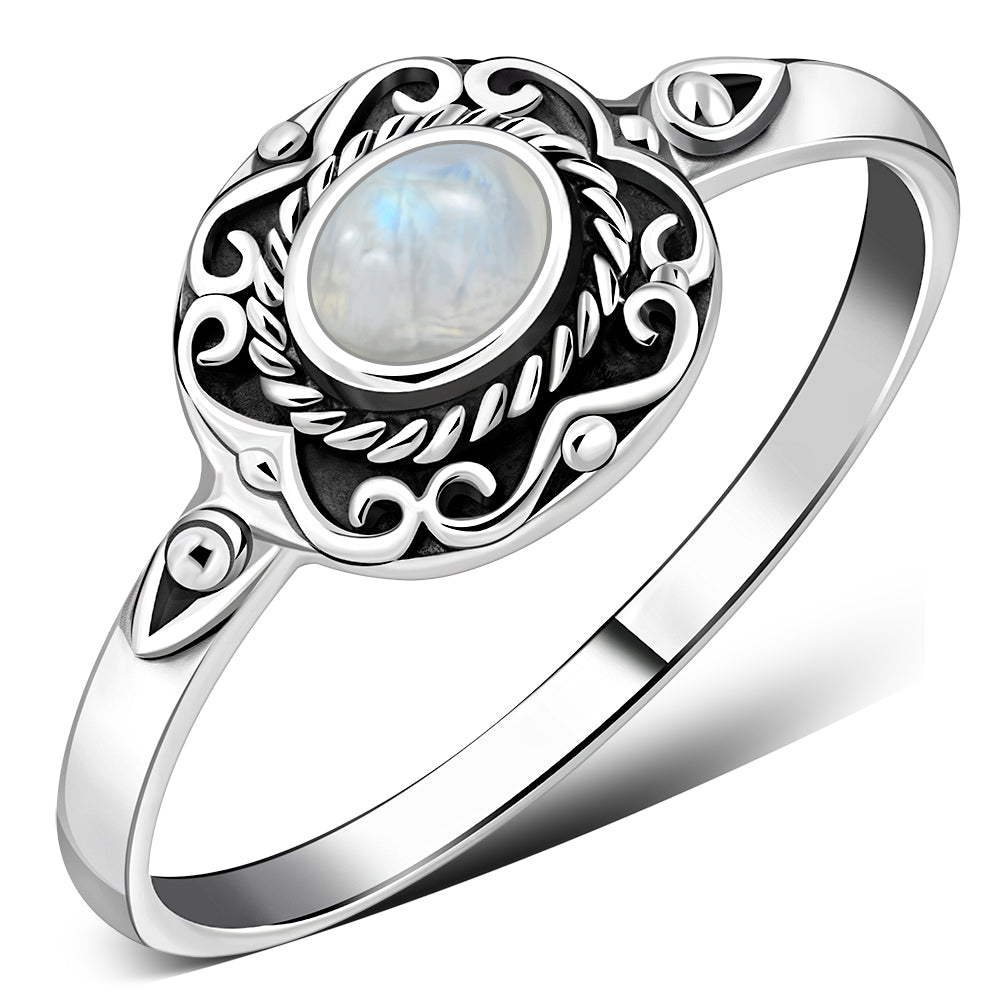 Ethnic Design Rainbow Moon Stone Silver Ring