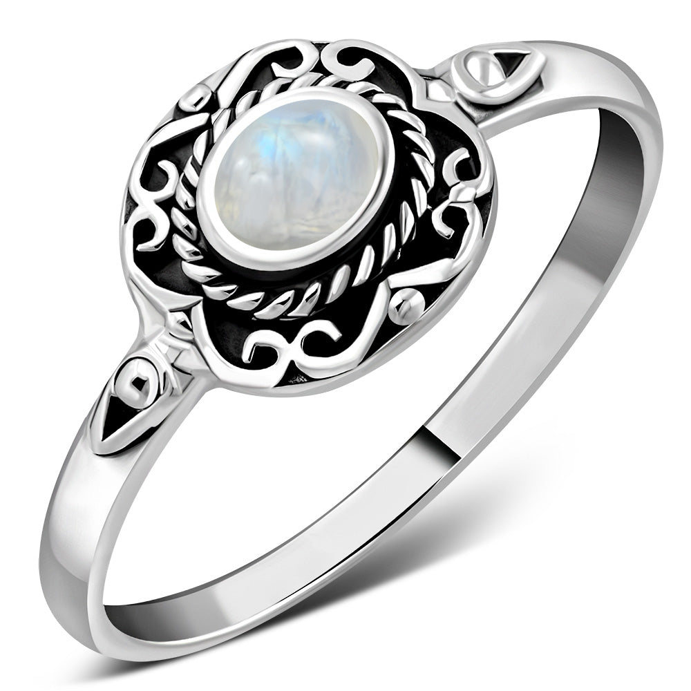 Ethnic Design Rainbow Moon Stone Silver Ring