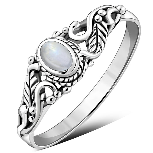 Sterling Silver Rainbow Moon Stone Leaves Ring