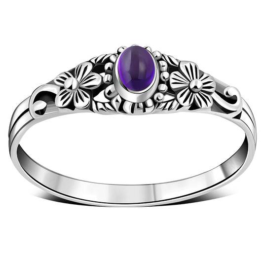 Amethyst Stone Flowers Sterling Silver Ring