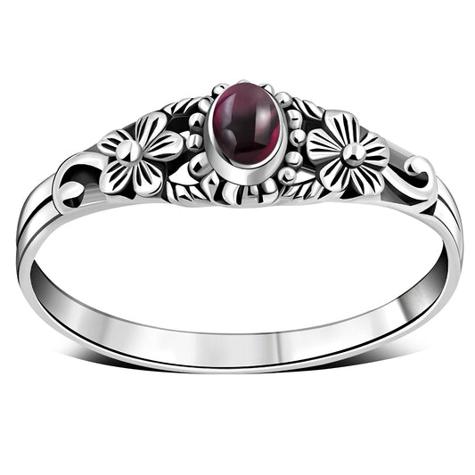 Garnet Stone Flowers Sterling Silver Ring