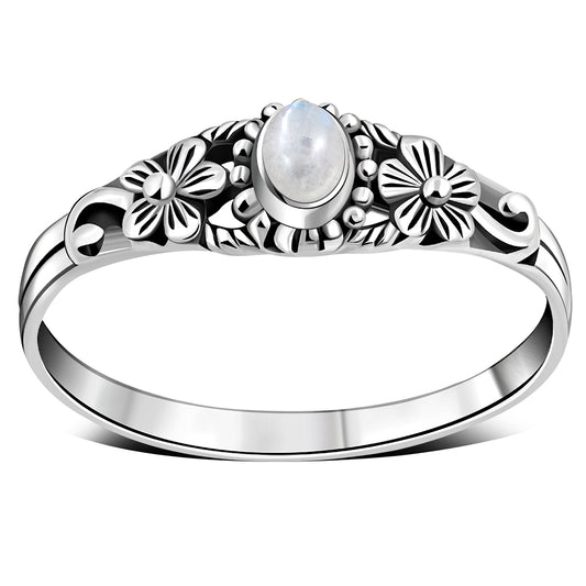 Rainbow Moonstone Flowers Silver Ring