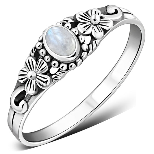 Rainbow Moonstone Flowers Silver Ring