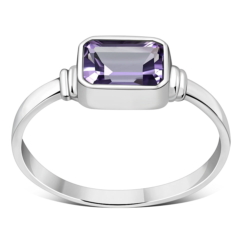 Delicate Rectangle Shape Amethyst Stone Silver Ring