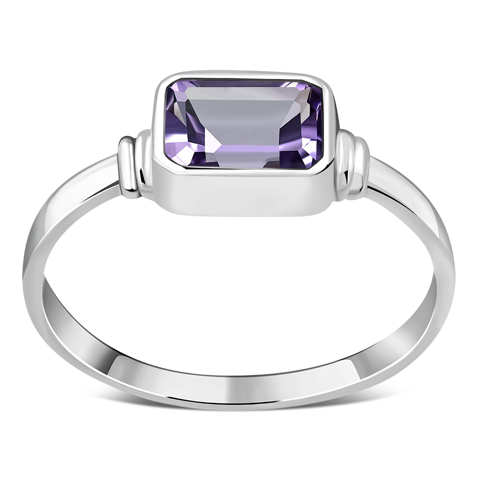 Delicate Rectangle Shape Amethyst Stone Silver Ring